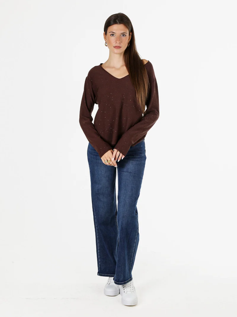 Maglia donna con scollo a V e dettagli di mini paillettes - moro
