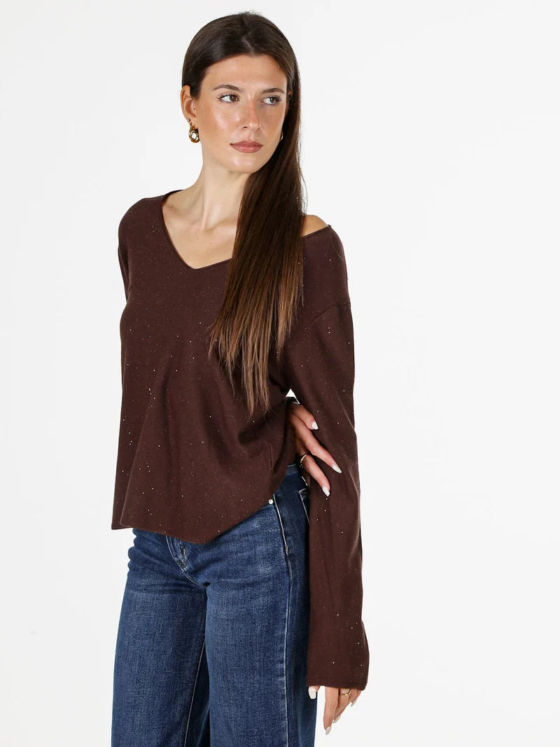 Maglia donna con scollo a V e dettagli di mini paillettes - moro