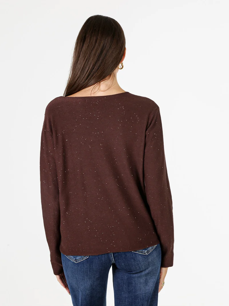 Maglia donna con scollo a V e dettagli di mini paillettes - moro