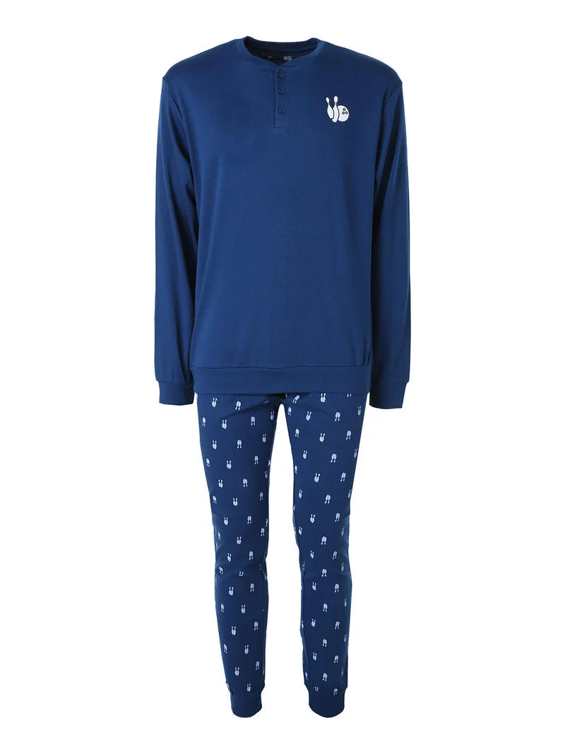 Pigiama lungo da uomo in cotone interlock con pantaloni con stampa birilli - blu