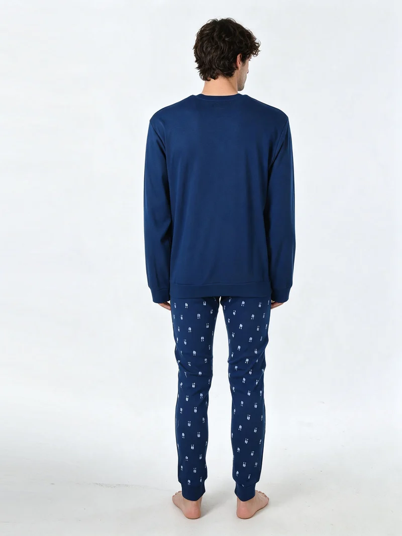 Pigiama lungo da uomo in cotone interlock con pantaloni con stampa birilli - blu