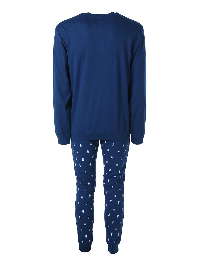 Pigiama lungo da uomo in cotone interlock con pantaloni con stampa birilli - blu