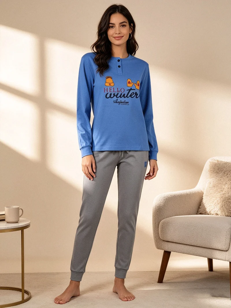 Pigiama lungo da donna in cotone interlock con stampe - blu