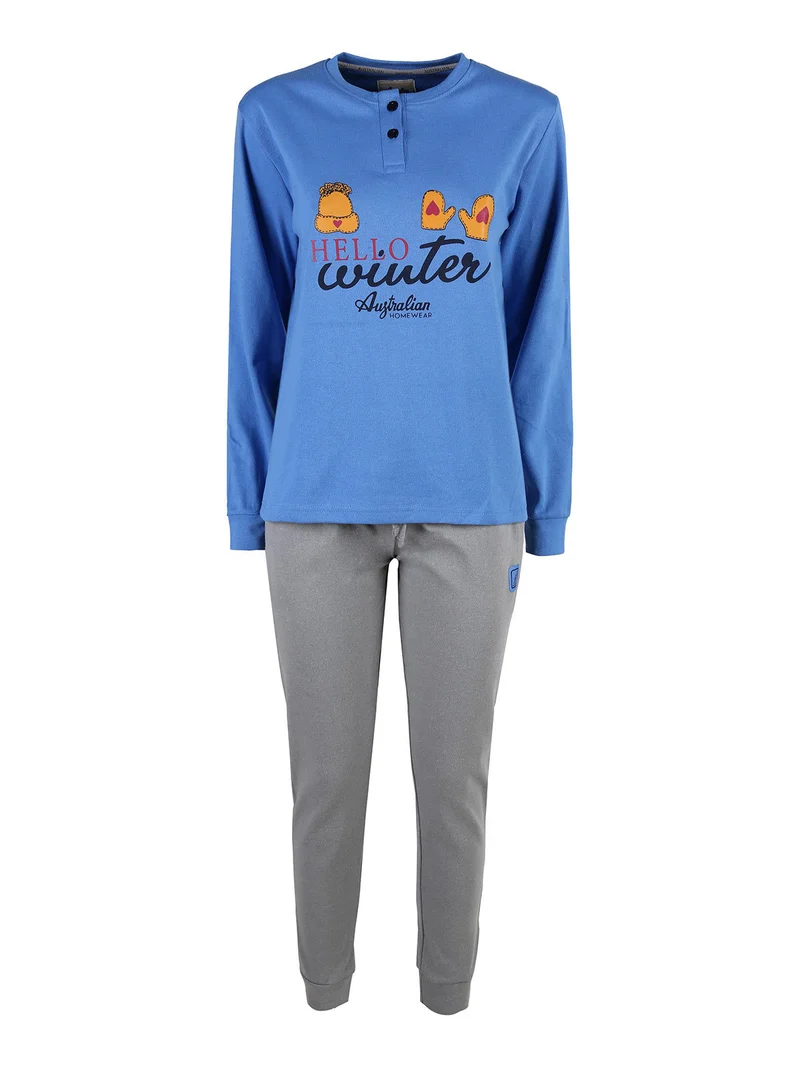 Pigiama lungo da donna in cotone interlock con stampe - blu