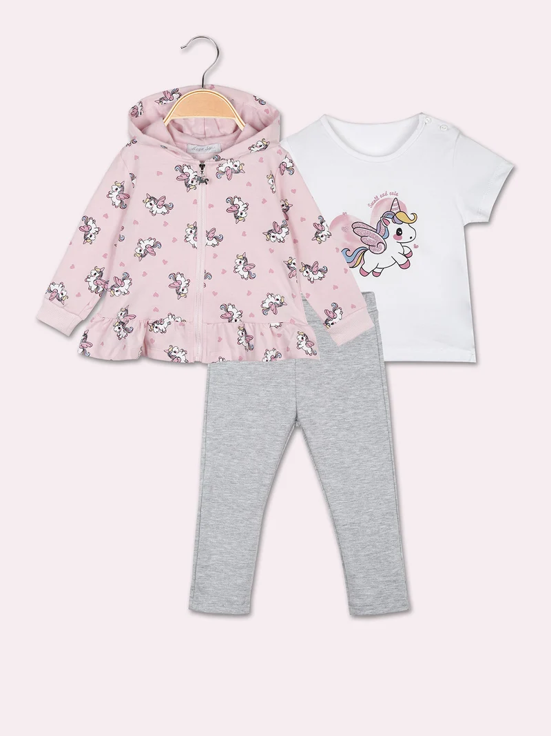 Completo unicorno da neonata 3 pezzi con cappuccio e zip - rosa