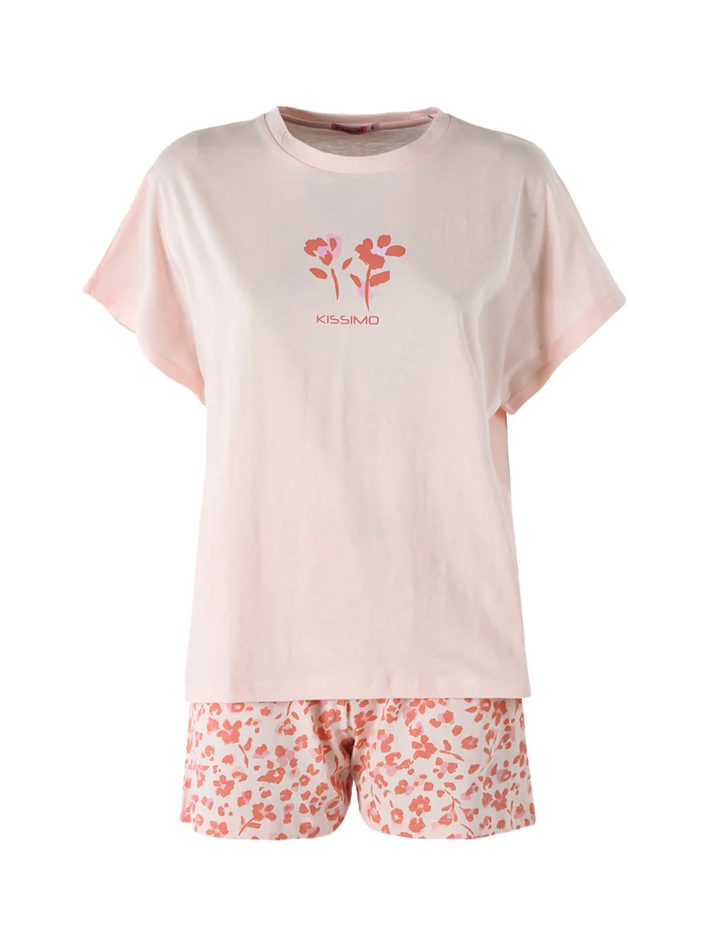 Pigiama corto da donna in cotone con shorts floreali - rosa