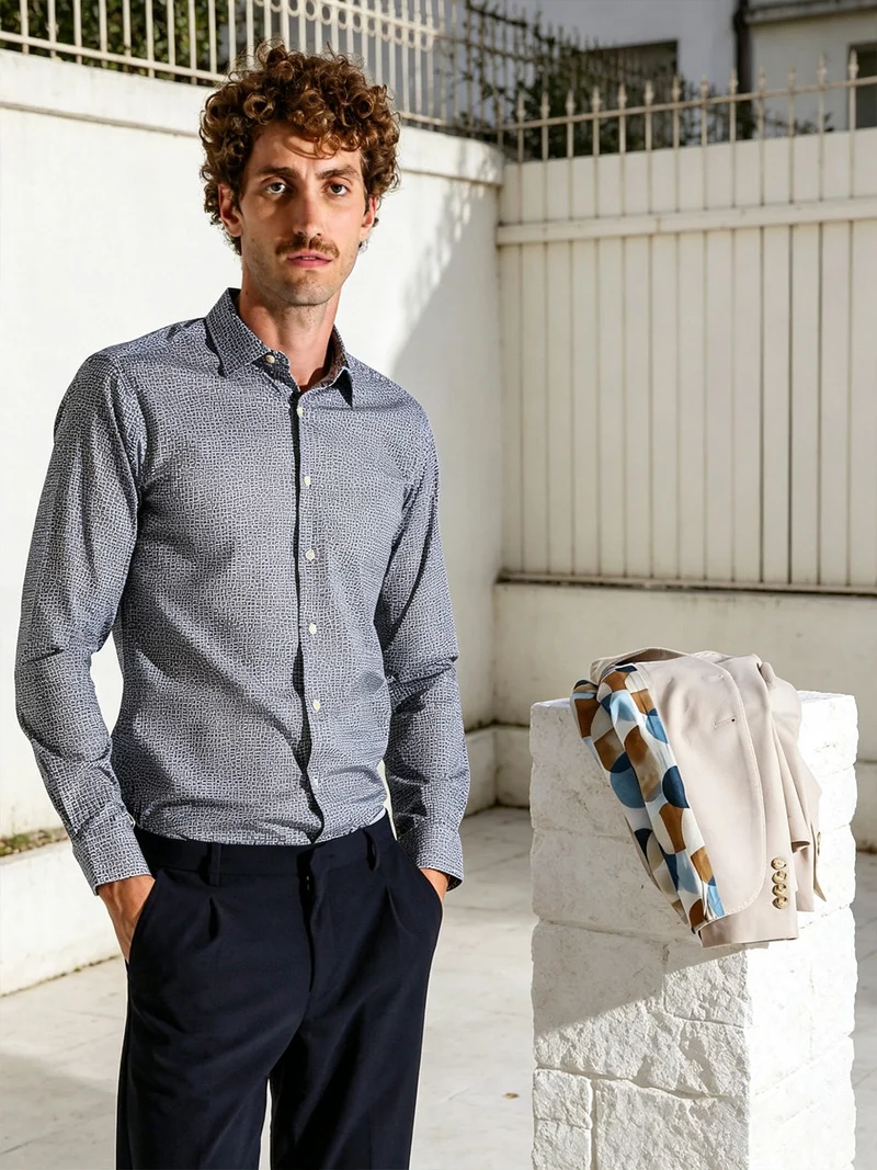 Camicia da uomo in cotone a maniche lunghe con stampe - multicolore