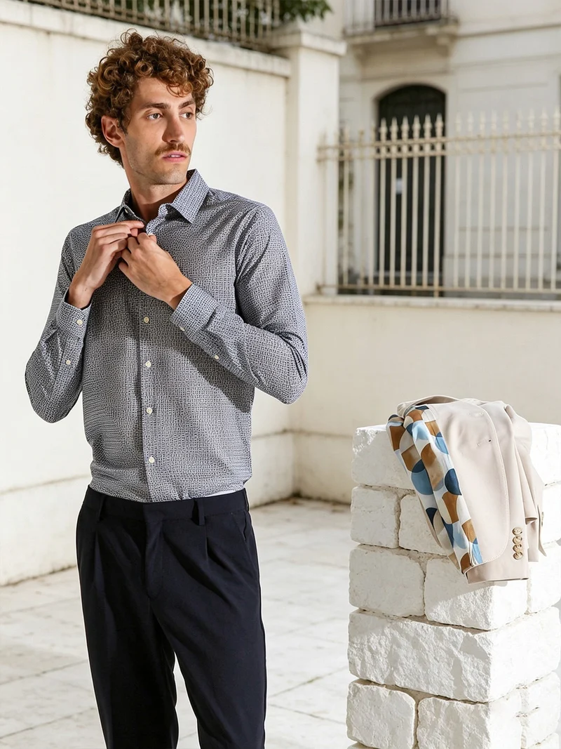 Camicia da uomo in cotone a maniche lunghe con stampe - multicolore