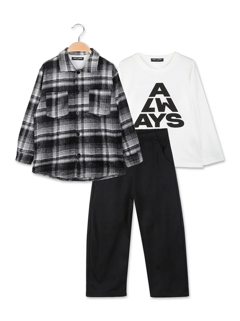 Completo da bambino 3 pezzi con camicia di flanella a quadri e pantaloni tuta felpati - nero