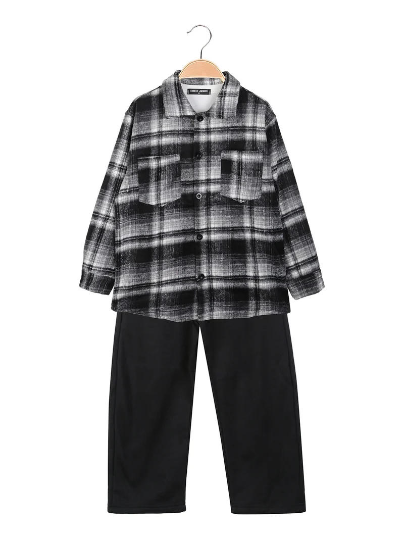 Completo da bambino 3 pezzi con camicia di flanella a quadri e pantaloni tuta felpati - nero