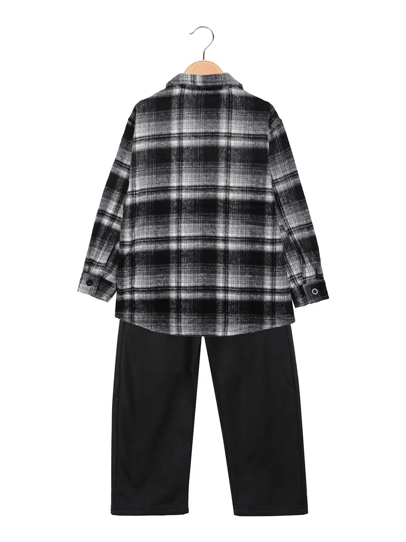 Completo da bambino 3 pezzi con camicia di flanella a quadri e pantaloni tuta felpati - nero