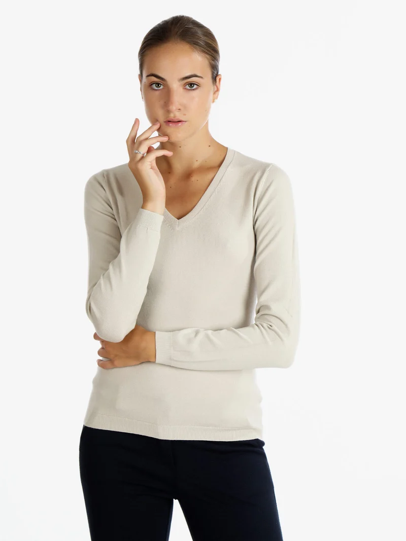 Pullover donna con scollo a V - beige