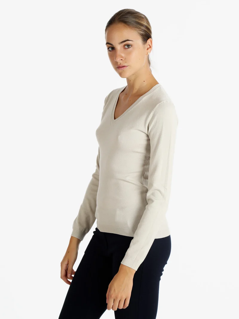 Pullover donna con scollo a V - beige