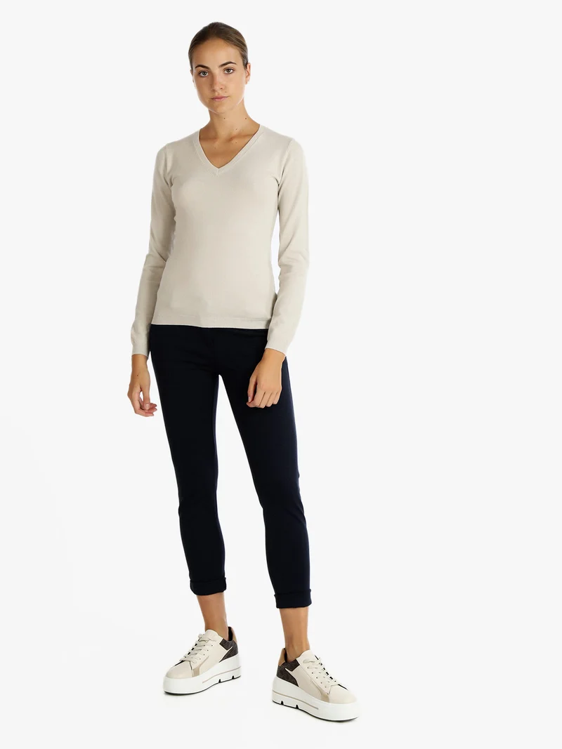 Pullover donna con scollo a V - beige