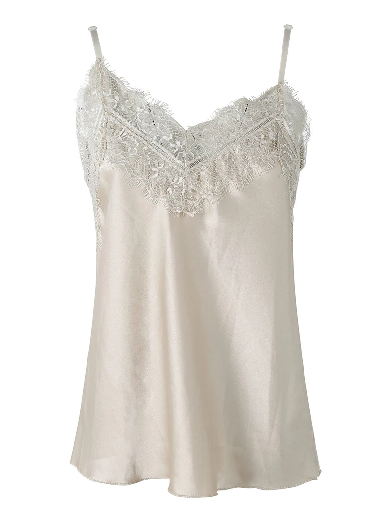 Top donna con spalline sottili e scollo a V con pizzo - beige