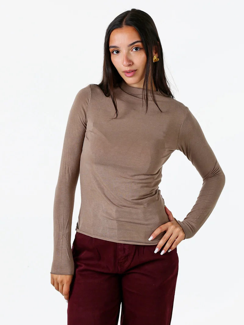 Maglia donna accollata a maniche lunghe - marrone