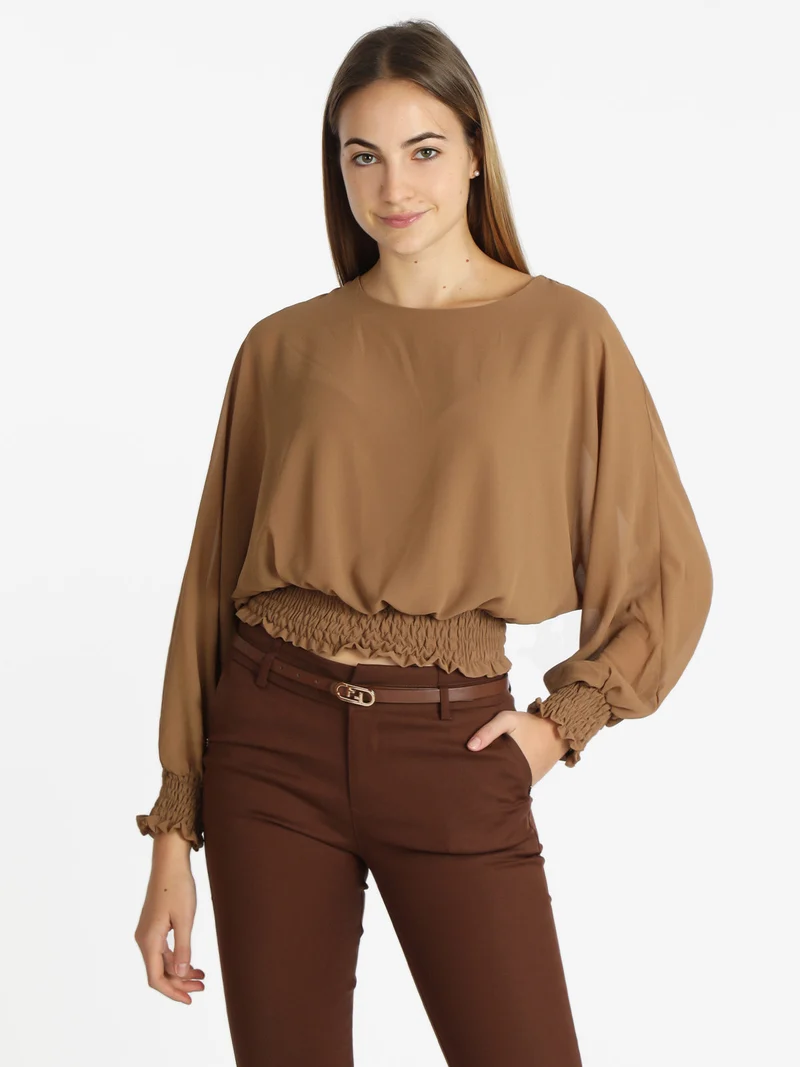 Blusa donna in voilè con maniche a pipistrello - cammello