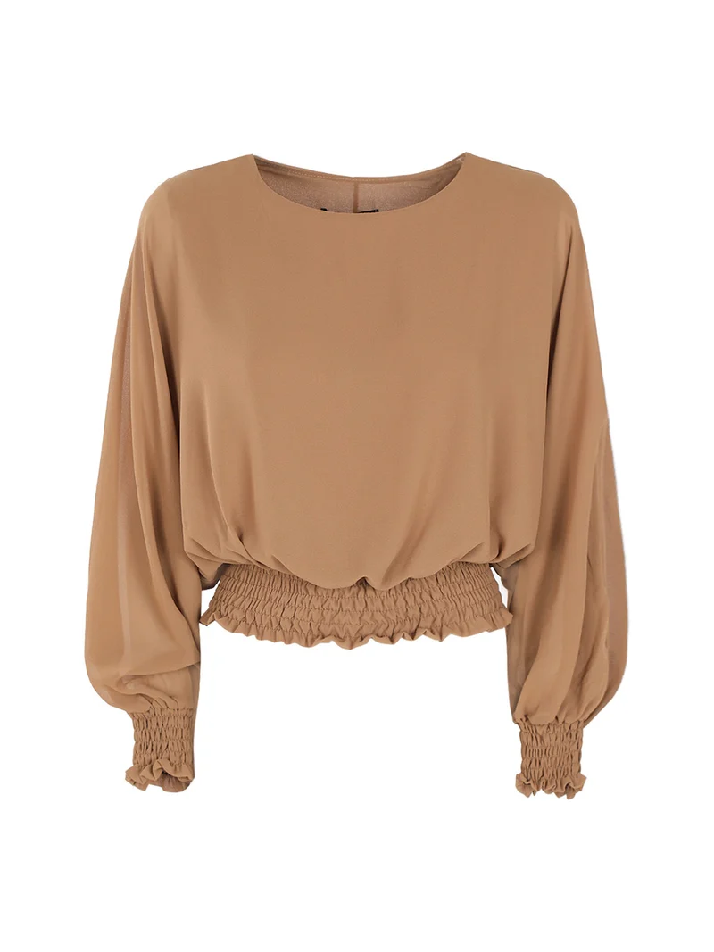 Blusa donna in voilè con maniche a pipistrello - cammello