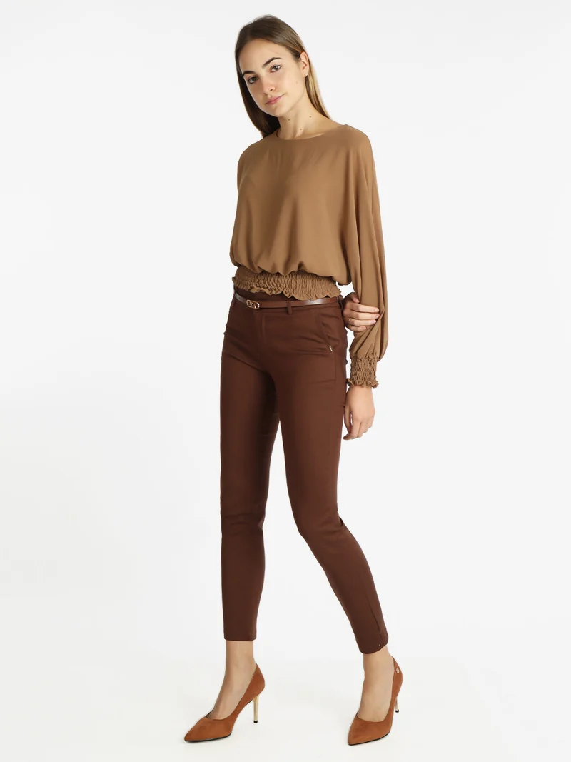 Blusa donna in voilè con maniche a pipistrello - cammello