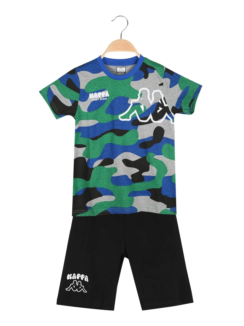 Completo corto 2 pezzi da ragazzo con t-shirt mimetica e bermuda - grigio