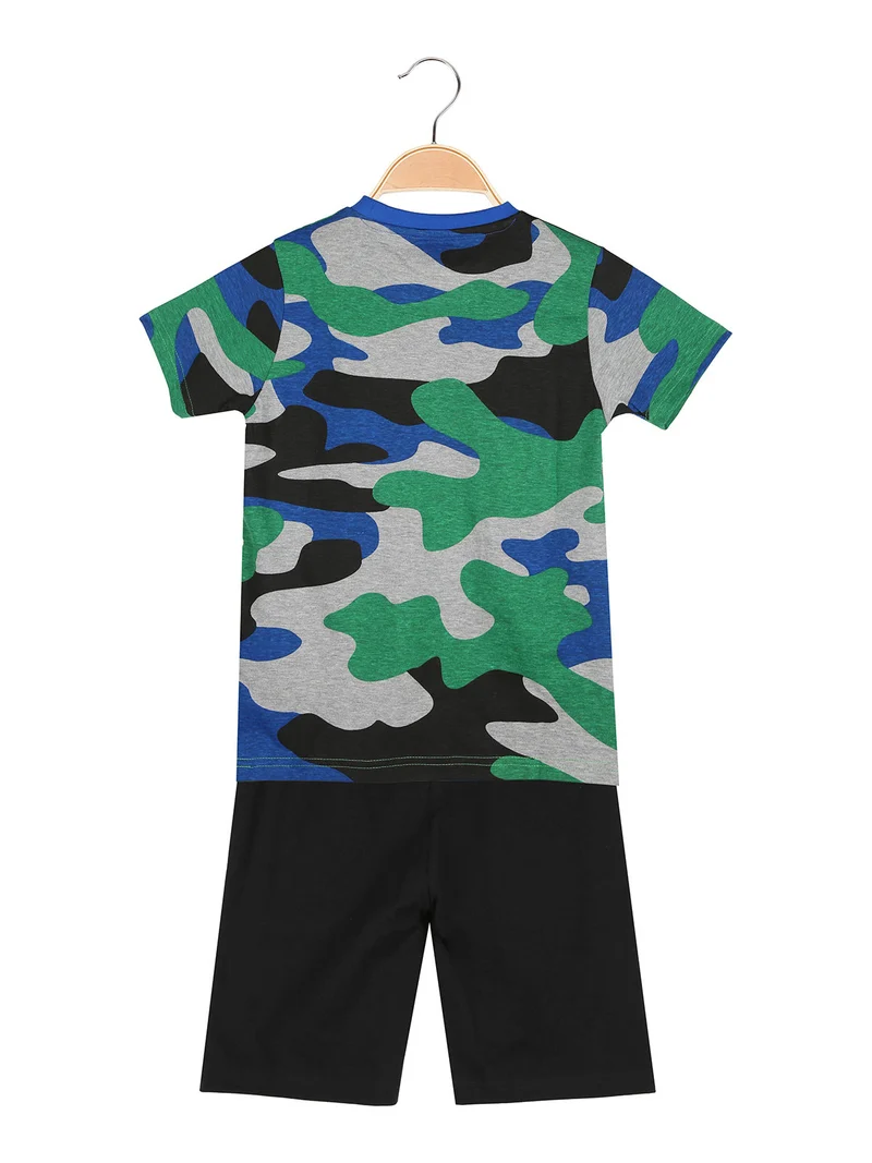 Completo corto 2 pezzi da ragazzo con t-shirt mimetica e bermuda - grigio