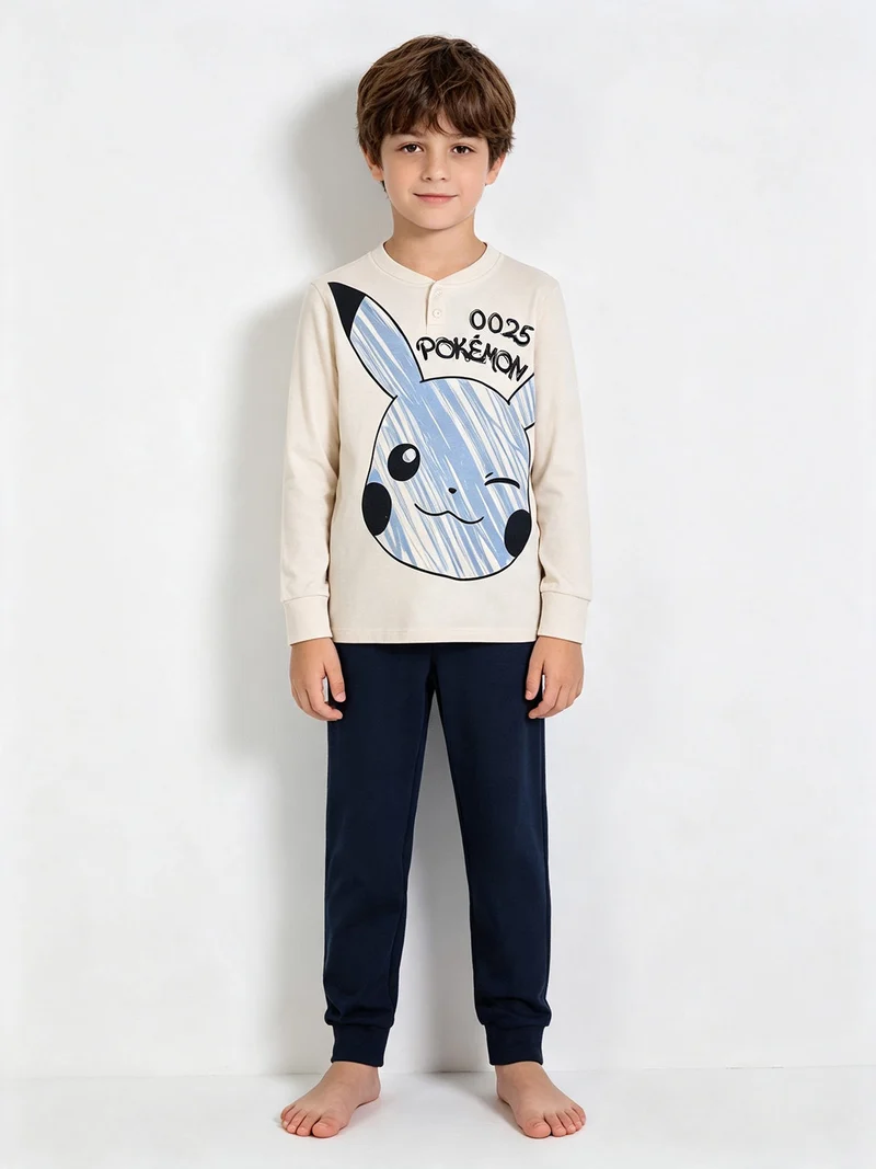 Pigiama lungo da bambino in cotone interlock - panna