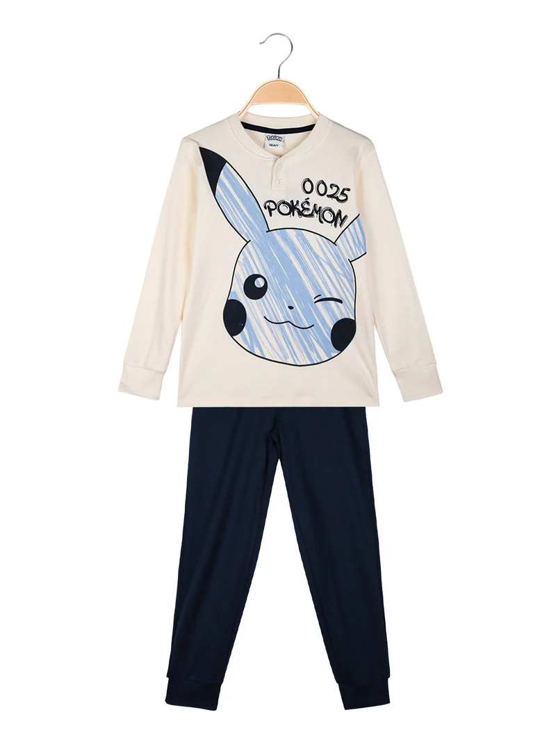 Pigiama lungo da bambino in cotone interlock - panna