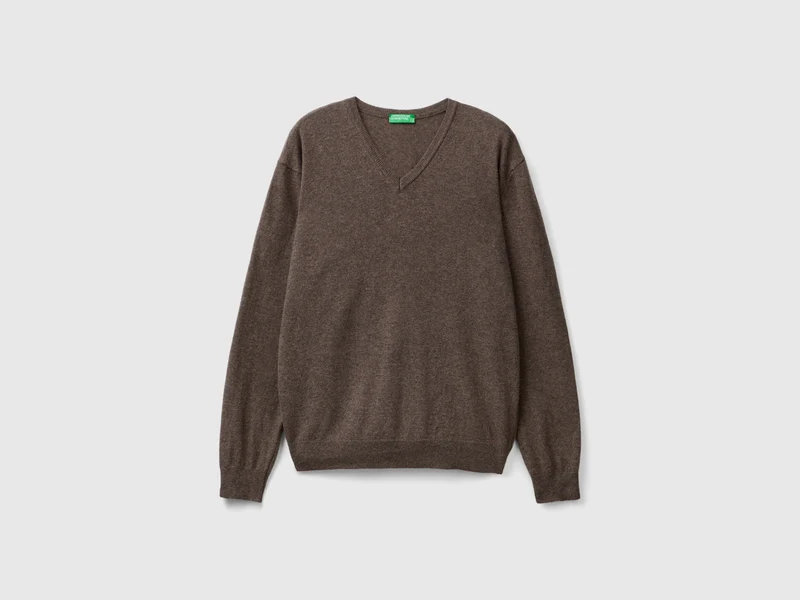 Grauer Pullover mit V-Ausschnitt aus reiner Merinowolle