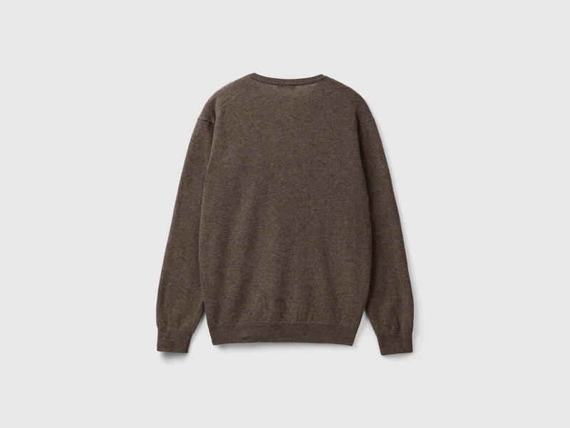 Grauer Pullover mit V-Ausschnitt aus reiner Merinowolle