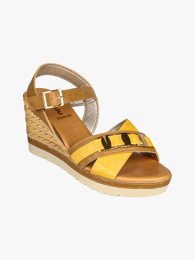Sandali donna con zeppa e doppia fascia incrociata - cammello