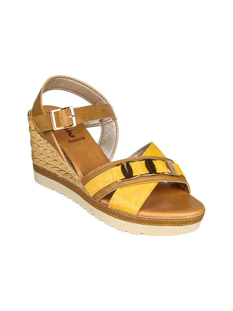 Sandali donna con zeppa e doppia fascia incrociata - cammello