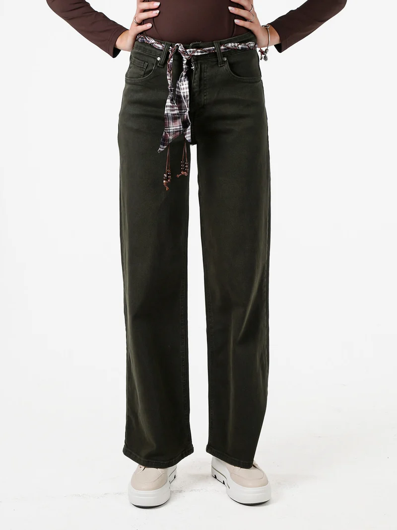 Pantaloni donna jeans wide leg con foulard in vita - militare
