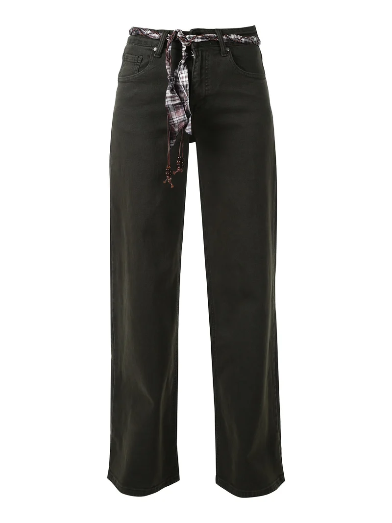 Pantaloni donna jeans wide leg con foulard in vita - militare