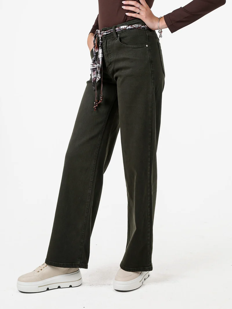 Pantaloni donna jeans wide leg con foulard in vita - militare