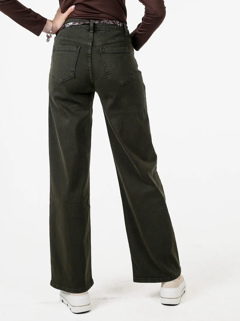 Pantaloni donna jeans wide leg con foulard in vita - militare