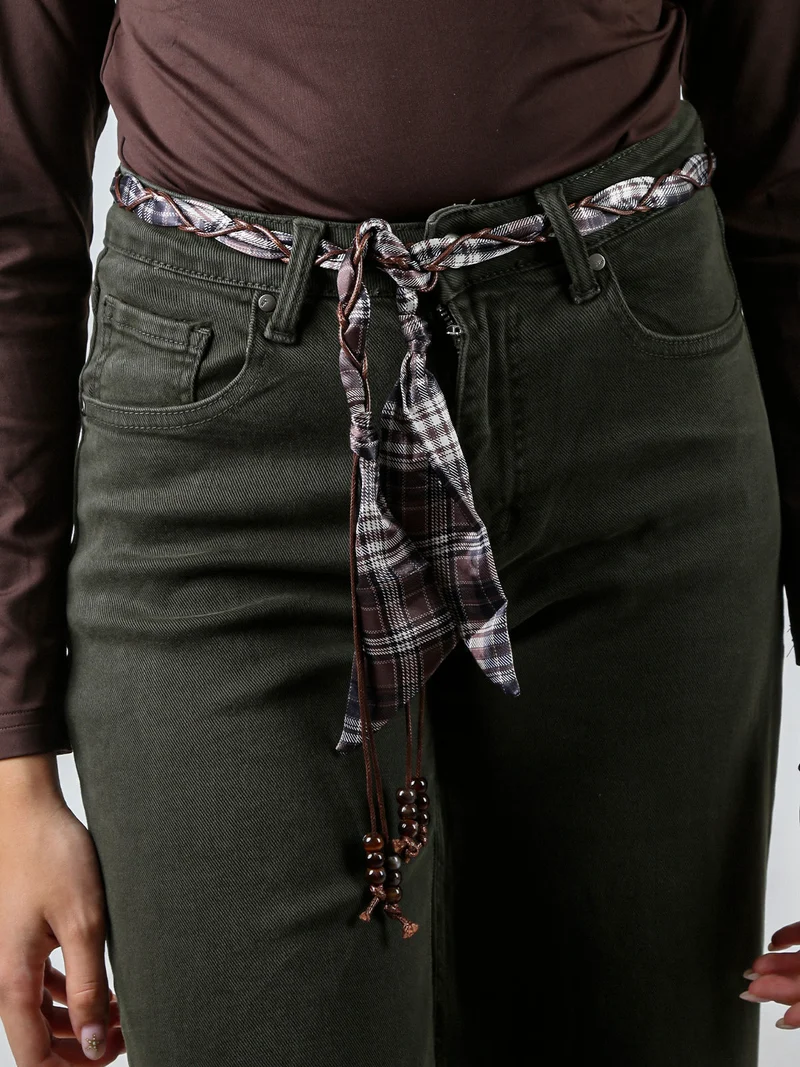 Pantaloni donna jeans wide leg con foulard in vita - militare