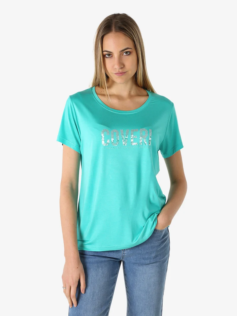 T-shirt donna in viscosa con strass - acqua marina