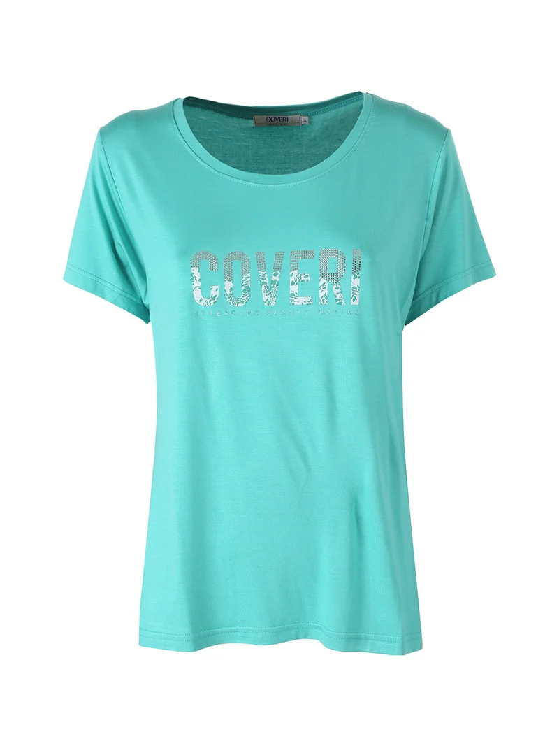 T-shirt donna in viscosa con strass - acqua marina