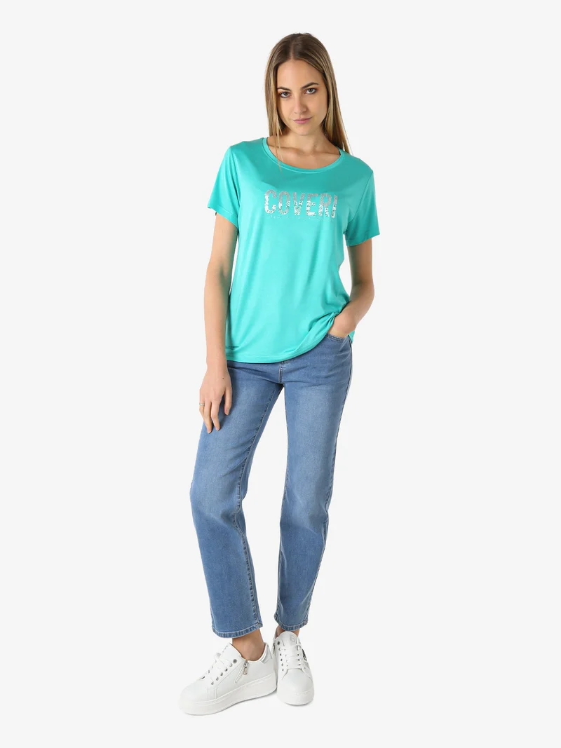 T-shirt donna in viscosa con strass - acqua marina