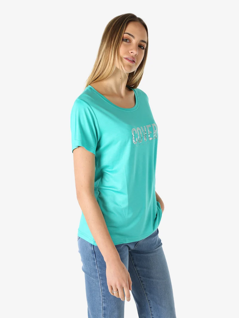 T-shirt donna in viscosa con strass - acqua marina