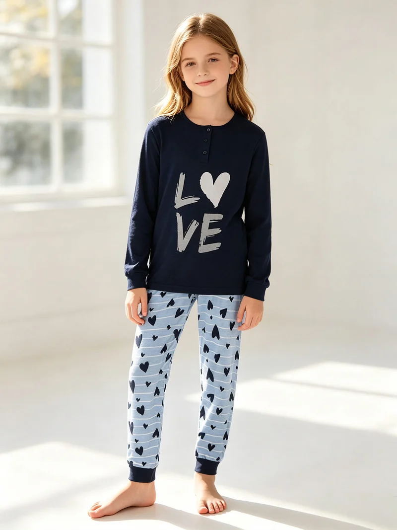 Pigiama lungo da ragazza in cotone - blu scuro
