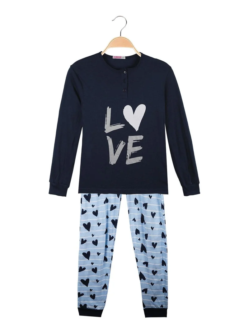 Pigiama lungo da ragazza in cotone - blu scuro