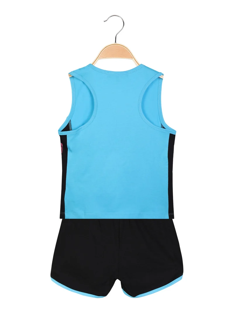 Completo corto sportivo 2 pezzi da bambina con glitter - azzurro
