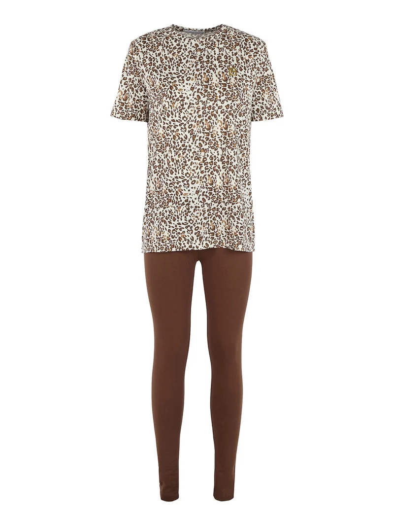 Coordinato donna maculato con t-shirt e leggings - marrone