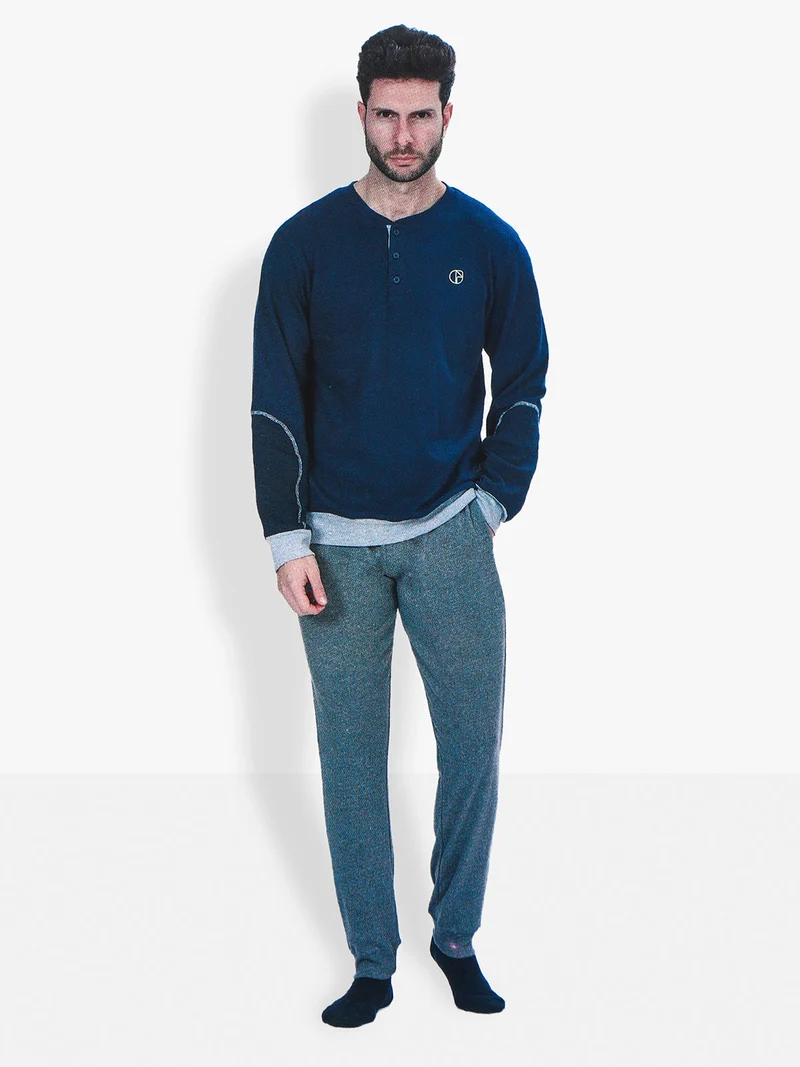 Pigiama da uomo in cotone interlock tinta unita - blu scuro