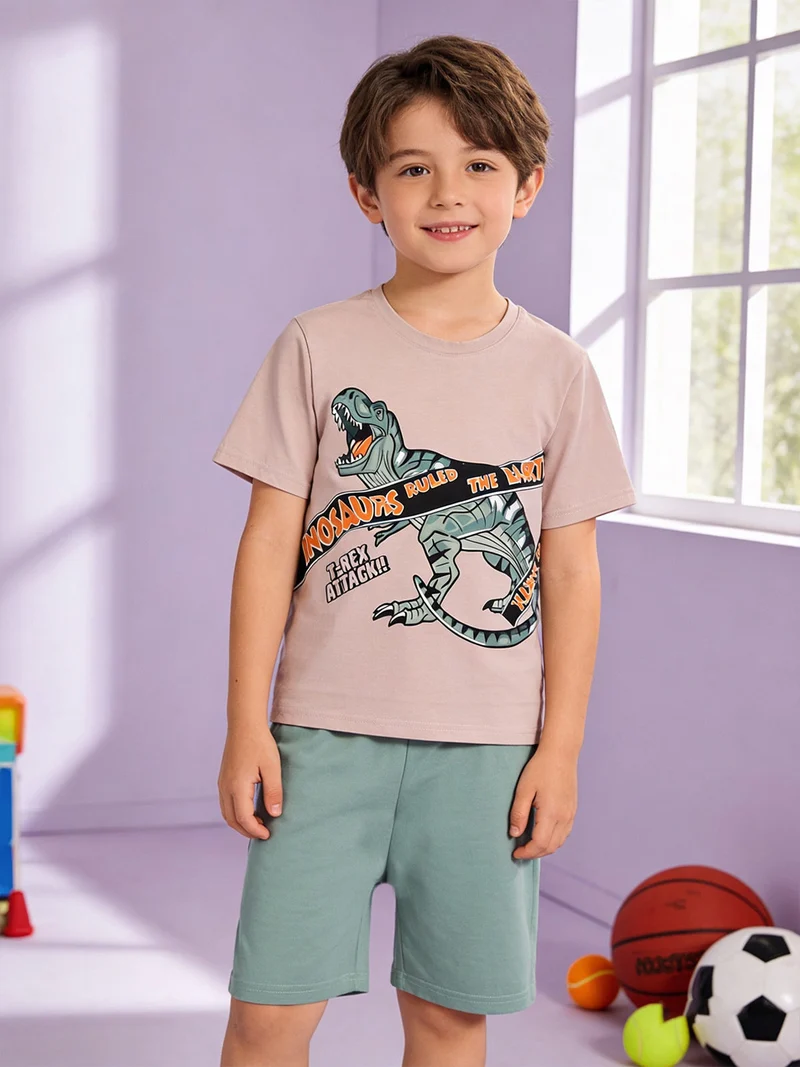 Completo da bambino corto in cotone con t-shirt e bermuda - sabbia