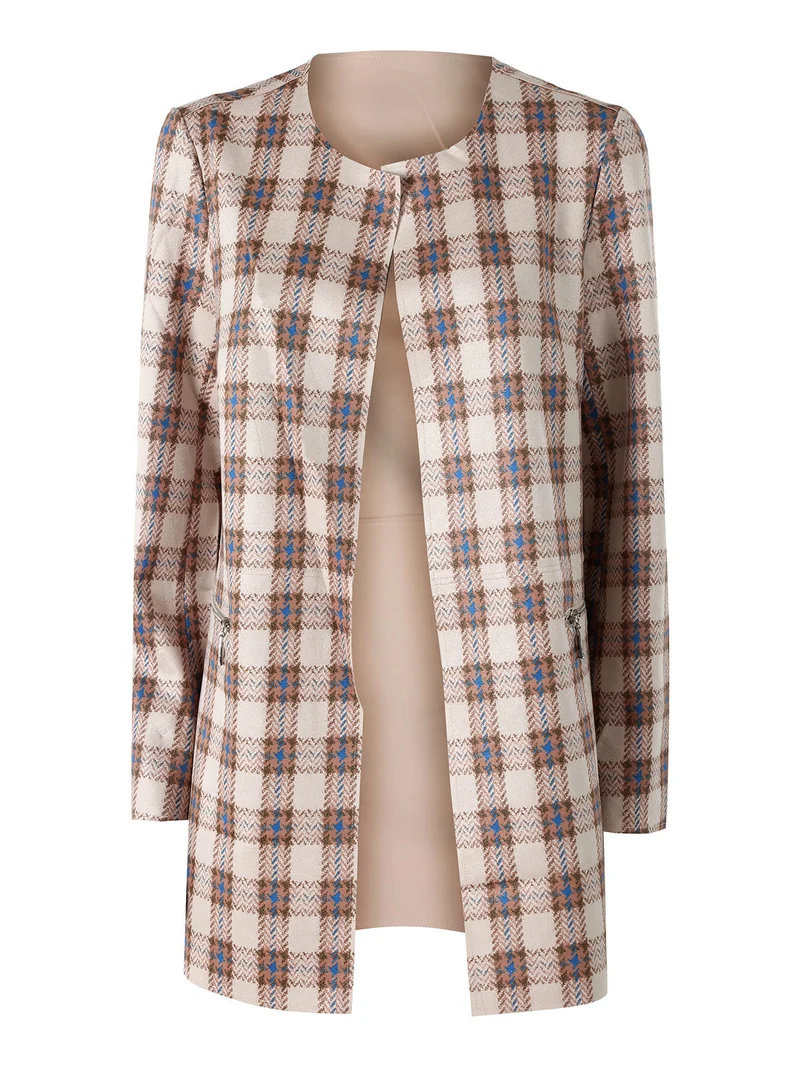 Blazer donna aperto in tessuto scamosciato con stampe a quadri - cammello