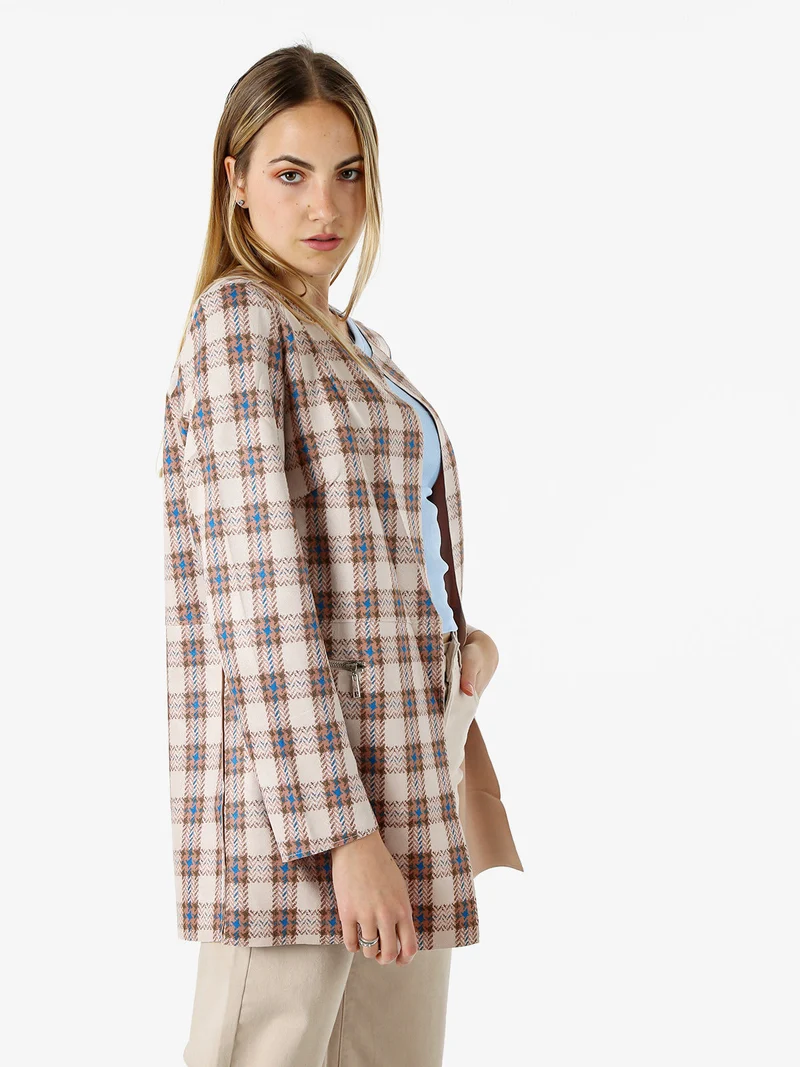 Blazer donna aperto in tessuto scamosciato con stampe a quadri - cammello