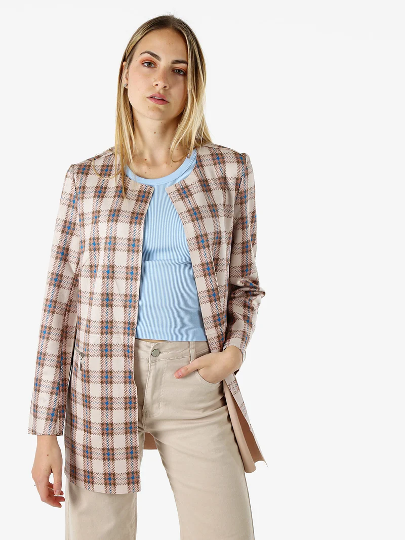 Blazer donna aperto in tessuto scamosciato con stampe a quadri - cammello