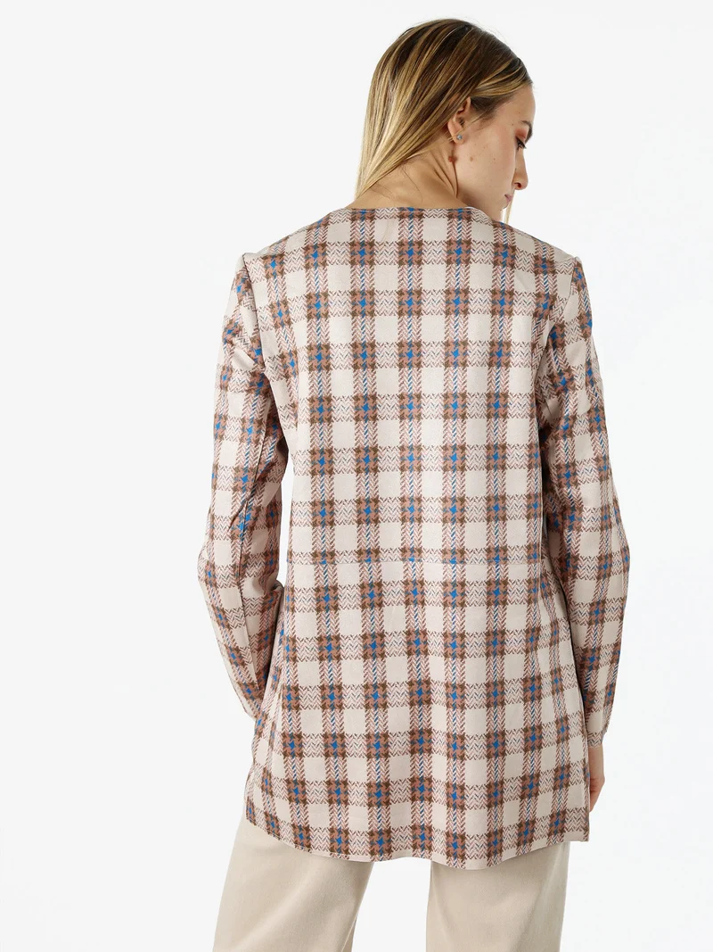 Blazer donna aperto in tessuto scamosciato con stampe a quadri - cammello